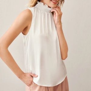 White Satin Shirred Neck Top